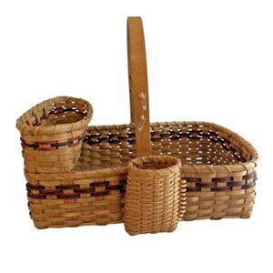Vintage Market Garden Large Handmade Signed Oak Splint Basket w Rods & Holders